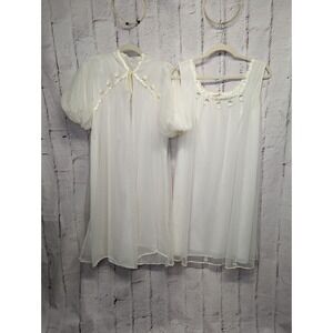 VINTAGE 50's Gotham Lingerie Cream Peignoir Set 2 pc Size M Embroidered‎ Chiffon